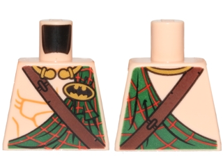 Lego Torso Bare Chest Muscles with Dark Green Tartan Kilt, Dark Brown Diagonal Belt and Batman Logo in Yellow Oval Pattern / Light Nougat