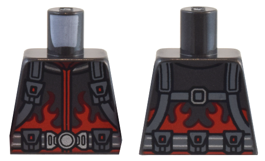 Lego Torso Jacket with Red Flames and Dark Bluish Gray Straps and Belt with Pouches Pattern / Pearl Dark Gray