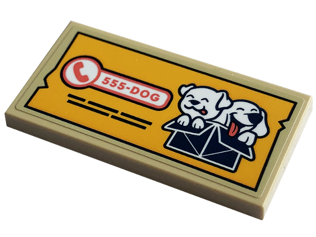 Lego Tile 2 x 4 with White Dogs in Dark Blue Box, Coral '555-DOG' and Telephone on Bright Light Orange Background Pattern (Sticker) - Set 41741 / Tan