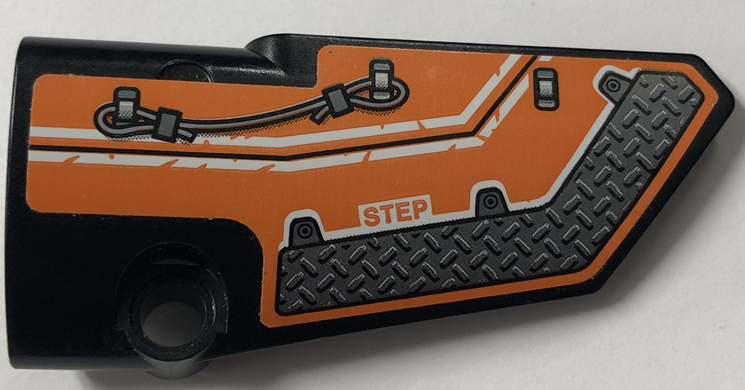 Lego Technic, Panel Fairing # 4 Small Smooth Long, Side B with White Stripes, Cable, Tread Plate and 'STEP' on Orange Background Pattern (Sticker) - Set 42140 / Black