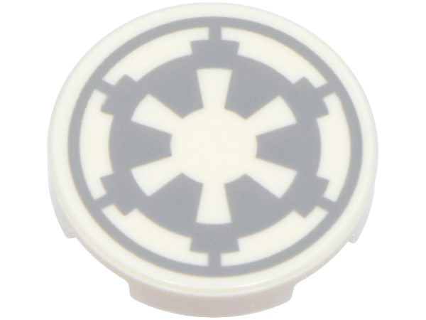 Lego Tile, Round 2 x 2 with Bottom Stud Holder with Light Bluish Gray SW Imperial Logo Pattern / White