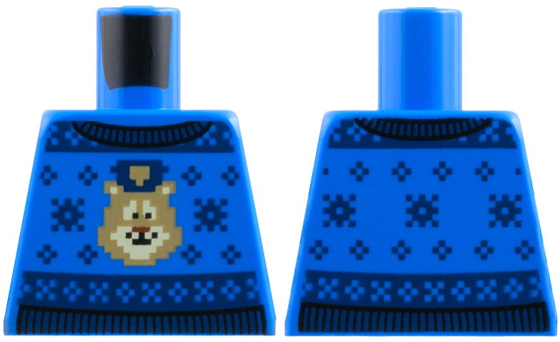 Lego Torso Knit Fair Isle Holiday Sweater with Teddy Bear, Dark Blue Snowflakes and Black Collar Pattern / Blue