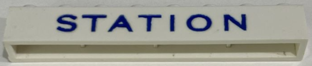 Lego Brick 1 x 8 without Bottom Tubes with Cross Side Supports with Blue 'STATION' Sans-Serif Thin (Letters Wide) Pattern