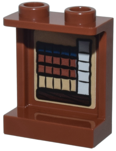 Lego Panel 1 x 2 x 2 with Side Supports - Hollow Studs with Wooden Shelf with Dark Blue, Dark Tan, Light Bluish Gray and Reddish Brown Books Pattern on Inside (Sticker) - Set 76385 / Reddish Brown