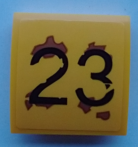 Lego Slope, Curved 2 x 2 x 2/3 with Black '23', Medium Nougat Rust Splotches Pattern (Sticker) - Set 70423 / Bright Light Orange
