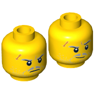 Lego Minifig Head Solomon Blaze, Dual Sided, Light Bluish Gray Beard Stubble, Moustache and Eyebrows, Scar, Determined / Smirk Print [Hollow Stud] / Yellow
