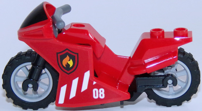 Lego Motorcycle Sport Bike with Black Windshield Pattern, Black Frame, Light Bluish Gray Wheels and Dark Bluish Gray Handlebars with Fire Pattern on Both Sides (Stickers) - Set 60108