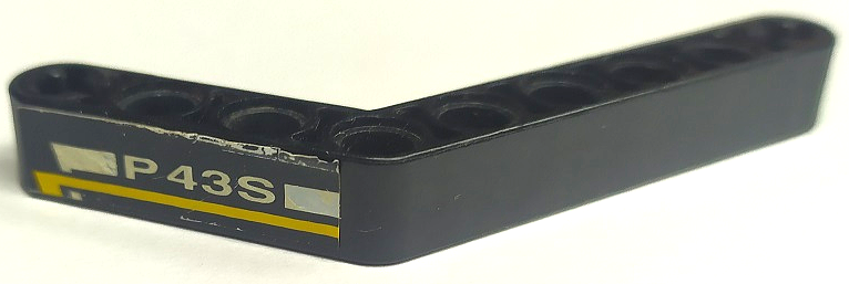 Lego Technic, Liftarm, Modified Bent Thick 1 x 9 (6 - 4) with White 'P43S' and Yellow Stripe Pattern Model Left Side (Sticker) - Set 8443