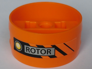 Lego Cylinder 4 x 4 x 1 2/3 with Pin Holes and Center Bar with 'ROTOR' Pattern (Sticker) - Set 8969 / Orange