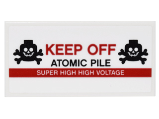 Lego Tile 2 x 4 with Black Skulls and Crossbones, Red 'KEEP OFF', Black 'ATOMIC PILE' and White 'SUPER HIGH HIGH VOLTAGE' Pattern (Sticker) - Set 76052
