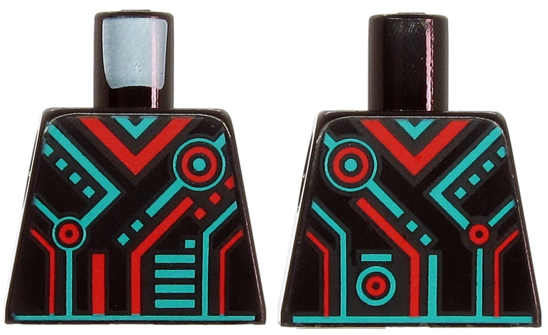 Lego Torso Dark Turquoise and Red Stripes, Rectangles and Circles Pattern / Black