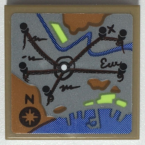 Lego Tile 2 x 2 with Map with Black Strings, Pins, Letter N, and Compass Rose, Medium Nougat Land, Blue Water Pattern (Sticker) - Set 70425