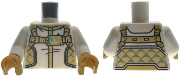 Lego Torso Spacesuit with Gold Harness and Trim, Tan Quilted Panels with Dark Bluish Gray Lattice Pattern / White Arms / Pearl Gold Hands