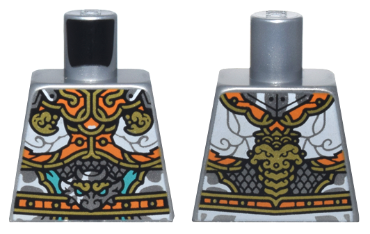 Lego Torso Armor with Orange and Gold Plates, White Clouds, and Silver Dragon Head Pattern / Flat Silver