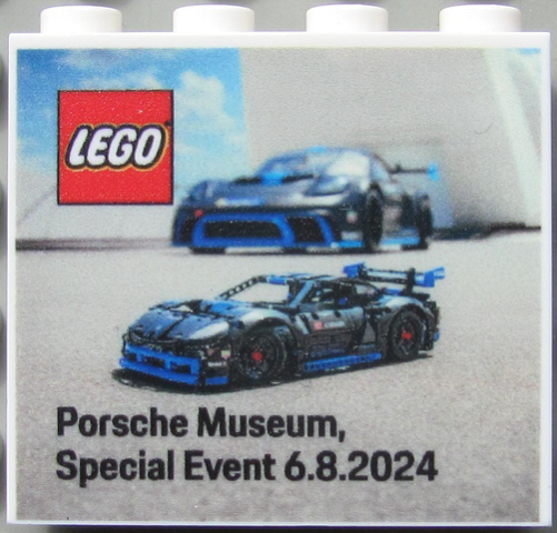 Lego Brick 1 x 4 x 3 with LEGO Logo and 'Porsche Museum, Special Event 6.8.2024' Pattern / White