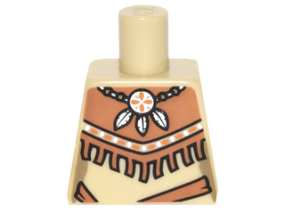 Lego Torso Female Outline Tribal Dress with Fringe and Necklace with 3 Feathers Pattern / Tan