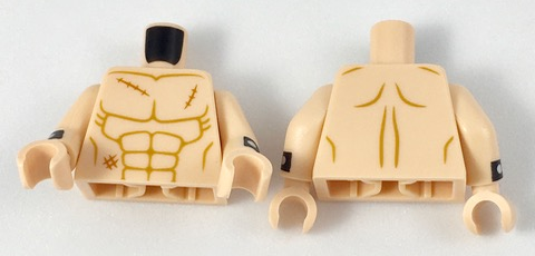 Lego Torso Bare Chest with Muscles Outline and 3 Scars Pattern / Light Nougat Arms with Black Cuffs with Silver Dots Pattern / Light Nougat Hands