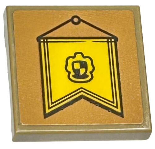 Lego Tile, Modified 2 x 2 Inverted with Yellow Hufflepuff Hanging Banner with Black Crest Pattern (Sticker) - Set 76412 / Dark Tan