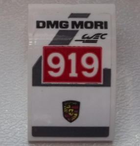 Lego Slope, Curved 3 x 2 with Black 'DMG MORI' and 'WEC', White '919' on Red Background and Porsche Logo Pattern (Sticker) - Set 75876