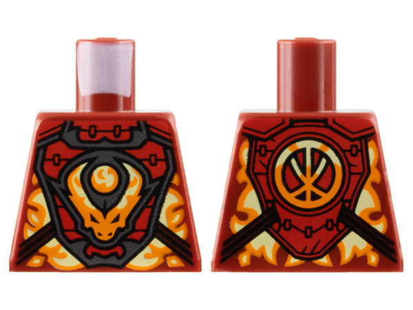 Lego Torso Armor Breastplate, Orange Flame, Dragon Head and Orb, Logogram 'K' on Back Pattern / Dark Red