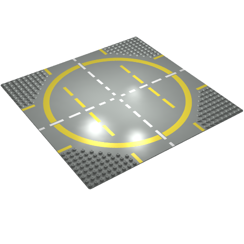 Lego Baseplate 32 x 32 with 9-Stud Crossroads / Landing Pad with Yellow Circle Print / Light Gray
