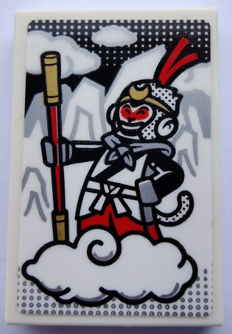 Lego Tile 2 x 3 with Monkey King on White Cloud Pattern (Sticker) - Set 80012 / White
