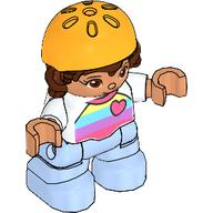 Lego Duplo Figure Child with Hair and Bike Helmet Bright Light Orange, Bright Light Blue Legs, Striped Shirt with Heart Print