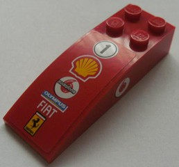 Lego Slope, Curved 6 x 2 with Number 1 in Circle, Shell, Vodafone, Olympus, Fiat, and Ferrari Logos on Top, Vodafone Logo on Both Sides Pattern (Stickers) - Sets 8672 / 8673 / Red