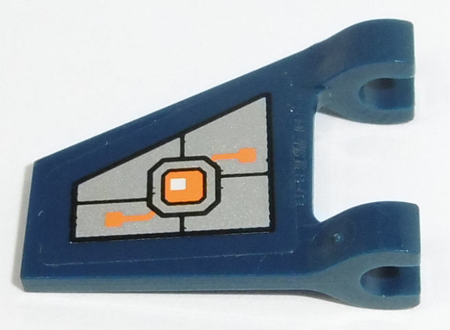 Lego Flag 2 x 2 Trapezoid with Flat Edge with Orange Machinery on Silver Background Pattern Model Right Side (Sticker) - Set 70317 / Dark Blue