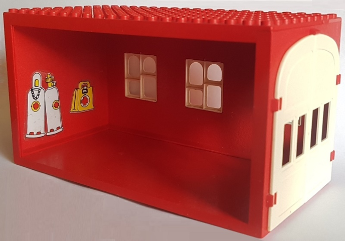 Lego Fabuland Garage Block 10 x 20 x 9 with White Windows and White Doors with 2 White Oxygen Bottles and Yellow Medical Bag Pattern (Stickers) - Sets 137-1 / 347-3 / Red