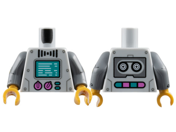 Lego Torso Robot with Dark Bluish Gray Rivets, Dark Turquoise Screen and Buttons, Dark Pink Dials, Black Tape Reels on Back Pattern / Dark Bluish Gray Arms with Gold Circles, Black Rivets and Lines with Arcs Pattern / Pearl Gold Hands