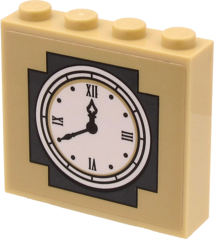 Lego Brick 1 x 4 x 3 with White Town Hall Clock Face and Roman Numerals on Dark Bluish Gray and Tan Background Pattern (Sticker) - Set 60271