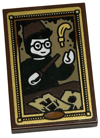 Lego Tile 2 x 3 with Picture of Wizard with Wand and Plume Feather in Gold Frame Pattern (Sticker) - Set 40577