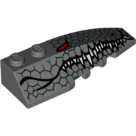 Lego Brick Wedged, Curved 6 x 2 Right with Reptile Skin, Red Eye, White Teeth Print / Dark Bluish Gray