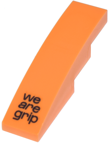 Lego Slope, Curved 4 x 1 with Black 'we are grip' Logo Pattern / Orange