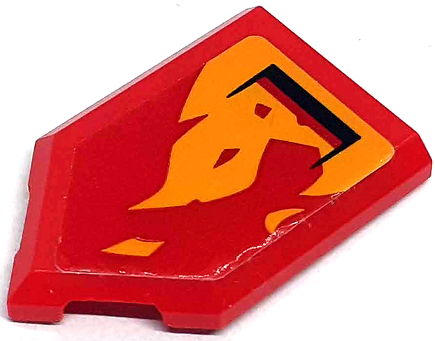 Lego Tile, Modified 2 x 3 Pentagonal with Black Air Vent and Bright Light Orange Flames Pattern Model Left Side (Sticker) - Set 71748 / Red