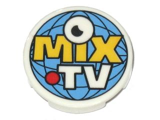Lego Tile, Round 2 x 2 with Bottom Stud Holder with Eye, Globe, Red Dot and 'MIX TV' Pattern