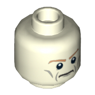 Lego Minifig Head Aldrich Killian, Medium Nougat Eyebrows, Gray Wrinkles, Determined / Angry with Red Eyes and Protruding Veins Print / Glow in Dark White