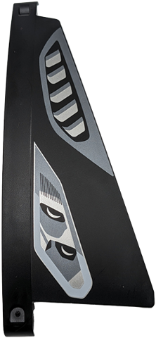 Lego Technic, Panel Curved #55 5 x 13 Tapered Right, Ridged with Silver and Light Bluish Gray Headlights and Air Vent Pattern / Black