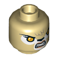 Lego Minifig Head Warrior, Dual Sided, Lioness with Orange Eyes, Black Nose, Forelock, Crooked Smile / Bared Teeth Print [Hollow Stud] / Tan