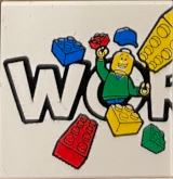 Lego Tile 2 x 2 with LEGO World Logo Left Half, 'WO', Minifigure with Blue Cap, 5 Whole Bricks and Plain Corner Pattern / White