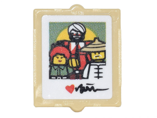 Lego Glass for Window 1 x 2 x 2 Flat Front with Photo with Garmadon, Misako, Sensei Wu, Red Heart and Signature Pattern (Sticker) - Set 70620 / Tan