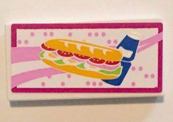Lego Tile 2 x 4 with Sandwich and Blue Drink Bottle with Magenta Border Pattern (Sticker) - Set 41058