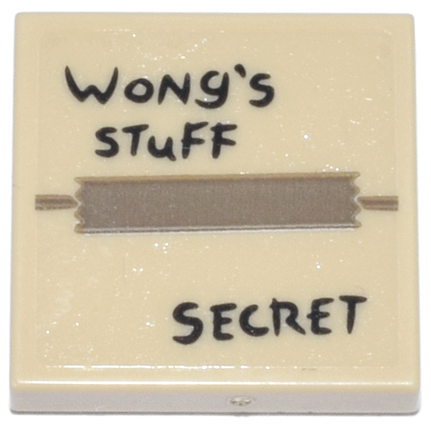 Lego Tile 2 x 2 with Cardboard Box Top with Dark Tan Tape and Black 'WoNg's STuFF' 'SECRET' Pattern (Sticker) - Set 76218
