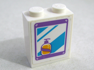Lego Brick 1 x 2 x 2 with Inside Stud Holder with Mirror and Soap Bottle Pattern (Sticker) - Set 41109 / White