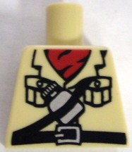 Lego Torso Safari Shirt with Pockets, Black Belt with Silver Buckle, Crossbelt with Canteen, Red Neckerchief Scarf Pattern / Tan