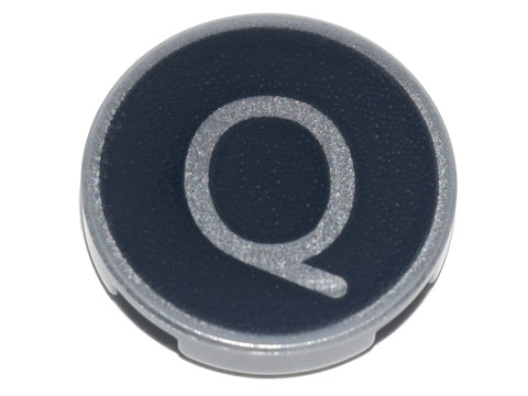 Lego Tile, Round 2 x 2 with Bottom Stud Holder with Silver Capital Letter Q on Black Background Pattern