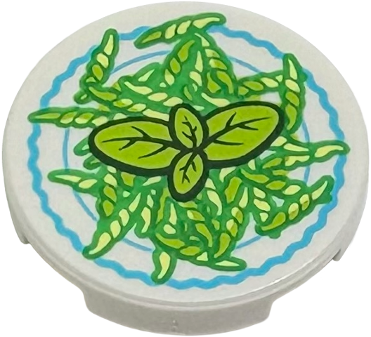 Lego Tile, Round 2 x 2 with Bottom Stud Holder with Dish with Green and Bright Light Yellow Pasta and Lime Basil Leaves Pattern