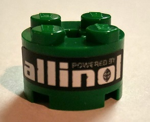 Lego Brick, Round 2 x 2 with Axle Hole with White 'POWERED BY allinol' on Black Background Pattern (Sticker) - Set 8206 / Green