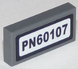 Lego Tile 1 x 2 with Black 'PN60107' Pattern (Sticker) - Set 60107 / Dark Bluish Gray